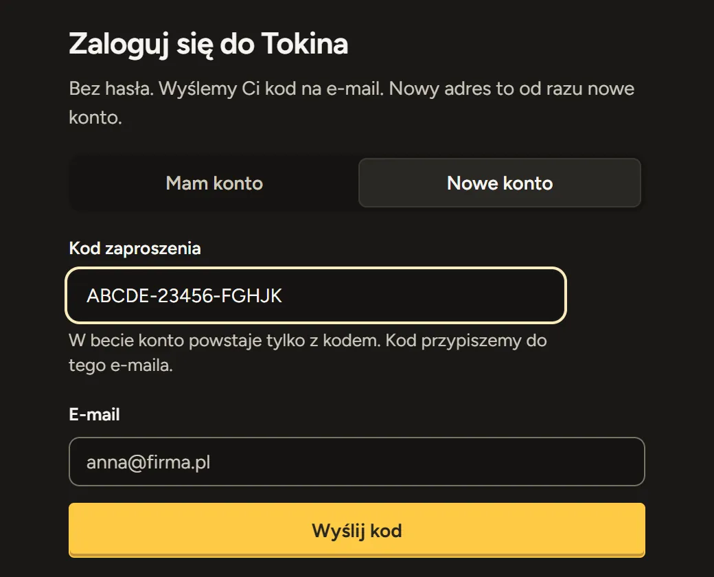 Okno logowania Tokina, zakładka Nowe konto: pole Kod zaproszenia i pole E-mail.