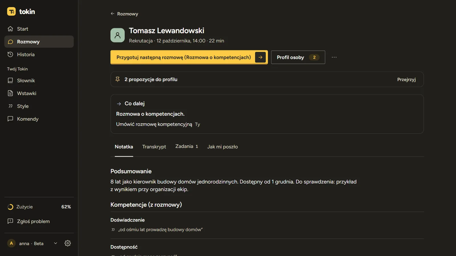 Notatka po rozmowie rekrutacyjnej w aplikacji Tokin.