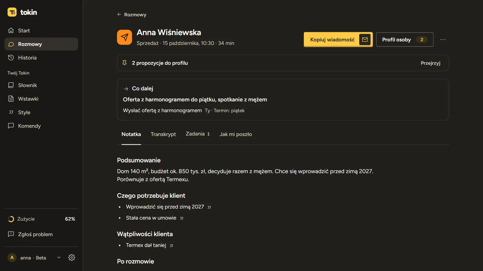 Notatka po rozmowie sprzedażowej w aplikacji Tokin.