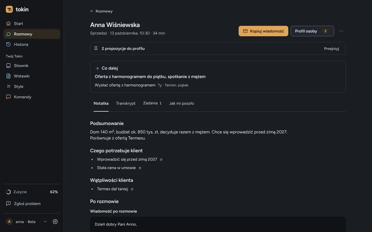 Notatka po rozmowie w Tokinie: podsumowanie, potrzeby klienta, wątpliwości i następny krok z terminem.