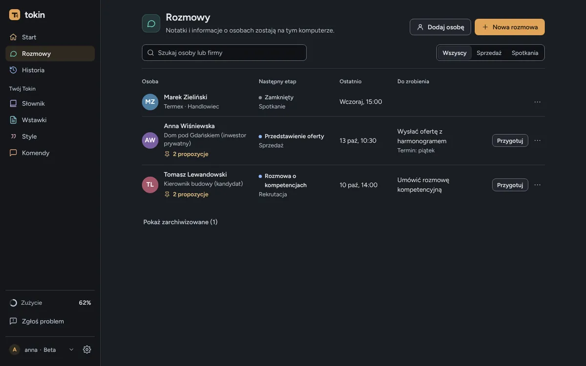 Lista rozmów w Tokinie: każda rozmowa z rodzajem, datą i czasem trwania.